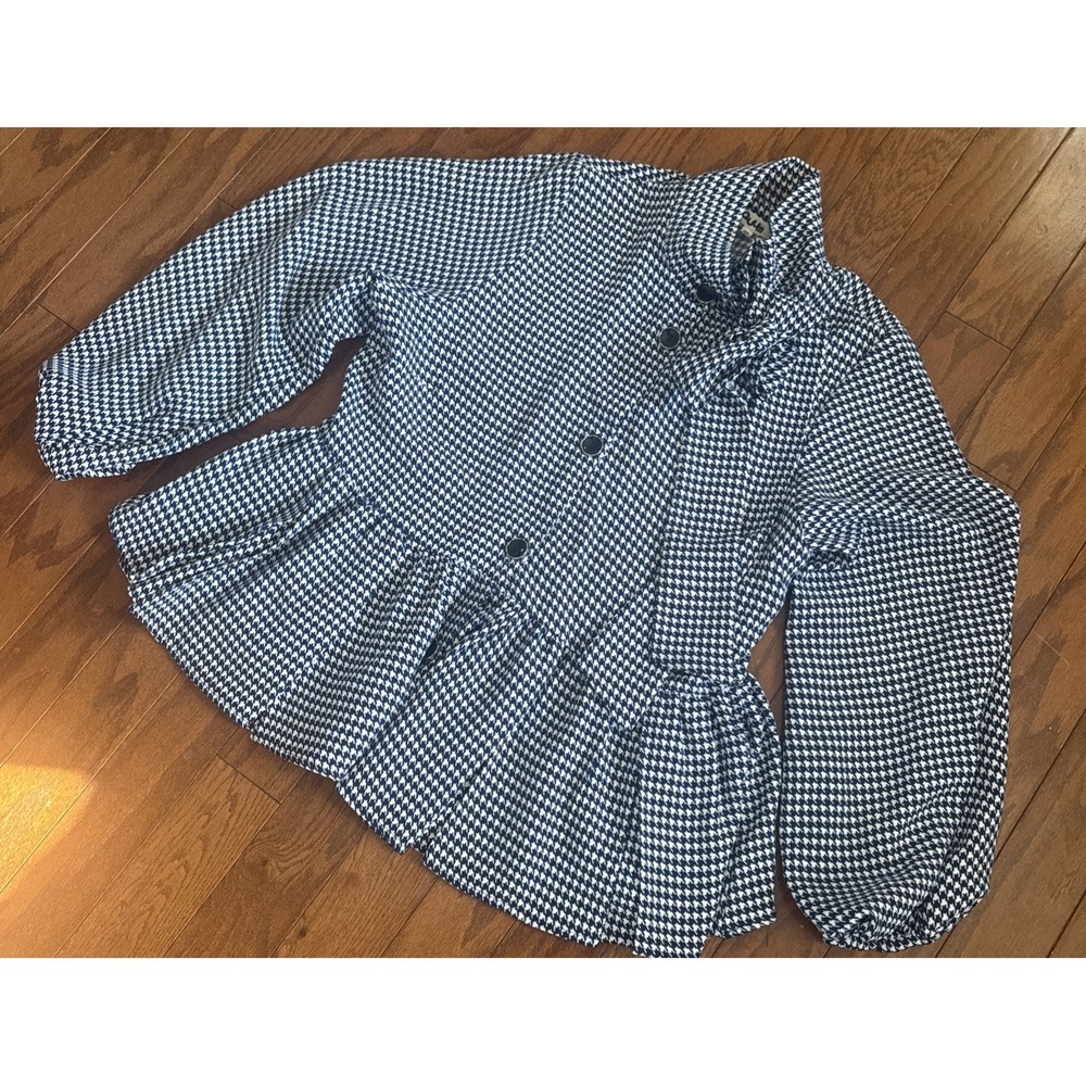 Navy‎ Houndstooth Peplum Jacket Tie Neck Long Sleeve Parisian Chic 2X